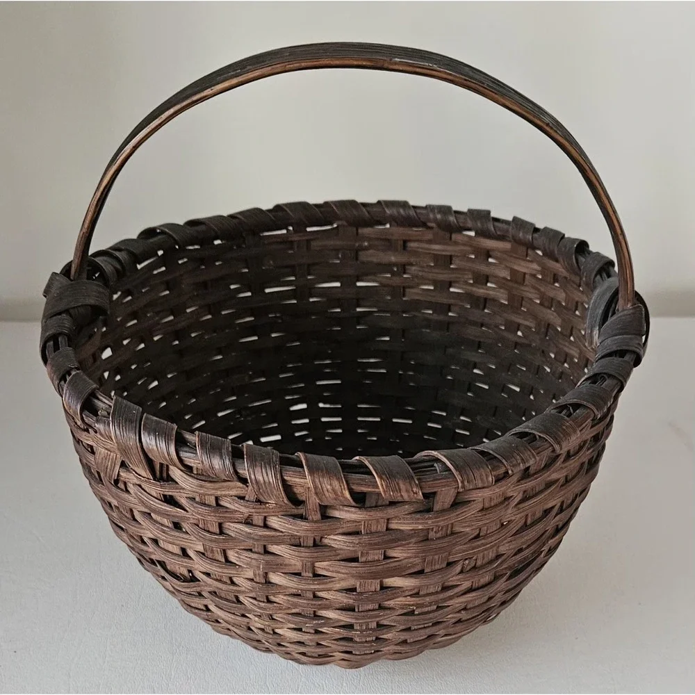 Antique Primitive Woven Split Oak Handle Gathering Basket  SMALL 9